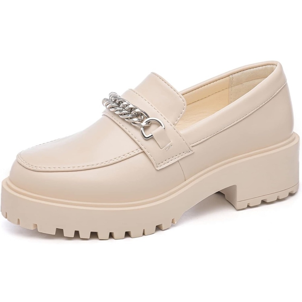 Platform Womens Slip-ons Round Toe Chunky Loafer Shoes with Chain size 7
